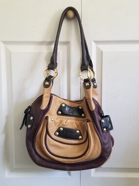 B. Makowsky Handbag Tan Brown Black Genuine Leather Hobo Y2K Mobwife Large